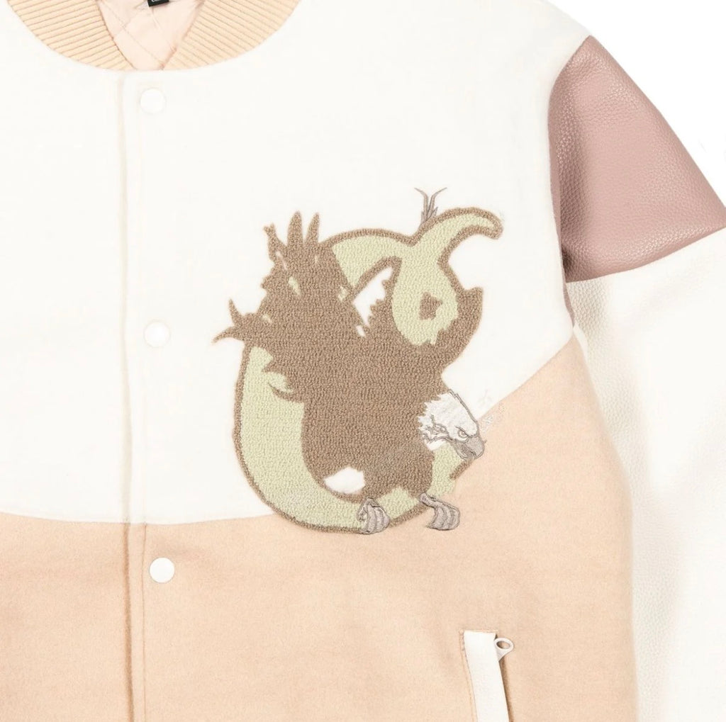 COOKIES MONT BLANC MELTON WOOL VARSITY JACKET WITH CONTRAST PANELS AND APPLIQUE ARTWORK size m