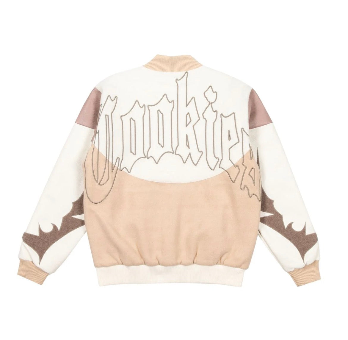 COOKIES MONT BLANC MELTON WOOL VARSITY JACKET WITH CONTRAST PANELS AND APPLIQUE ARTWORK size m